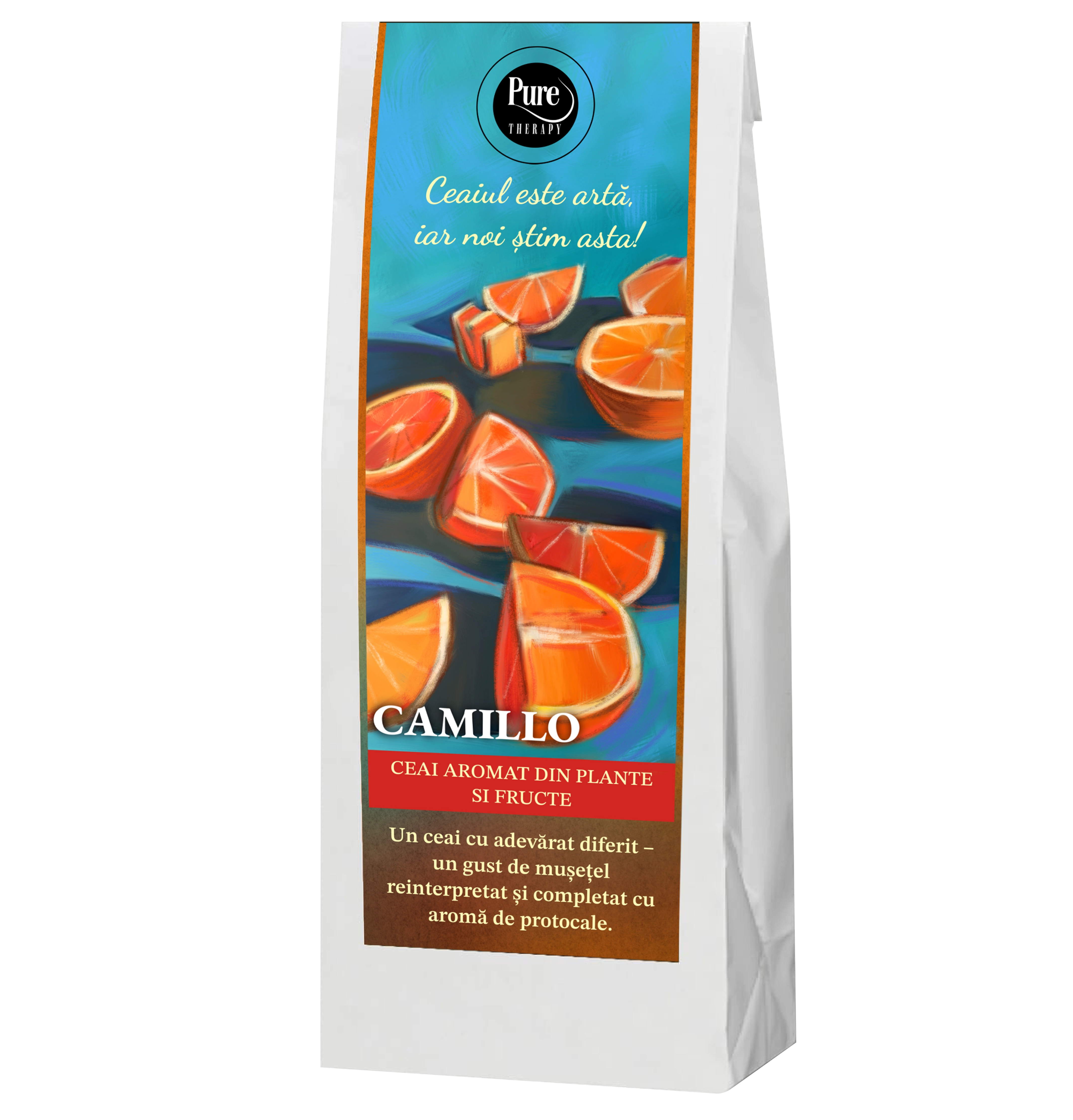 Ceai din fructe si plante aromate, Camillo, pentru infuzie, cu gust de musetel si aroma de portocale, 50g, Pure Therapy