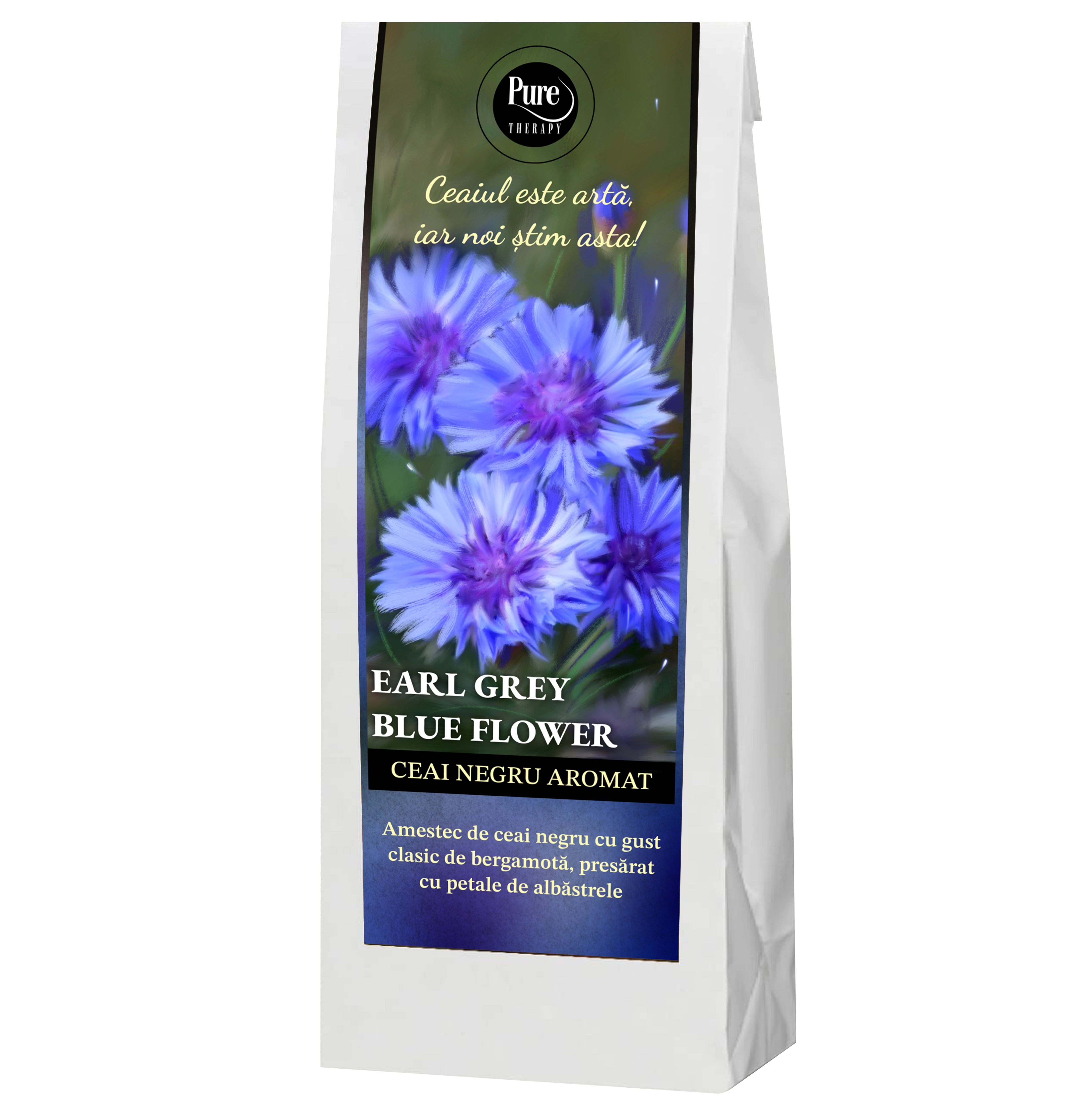 Ceai negru aromat, Earl Grey Blue Flower, pentru infuzie, cu gust clasic de bergamota si petale de albastrele, 70g, Pure Therapy