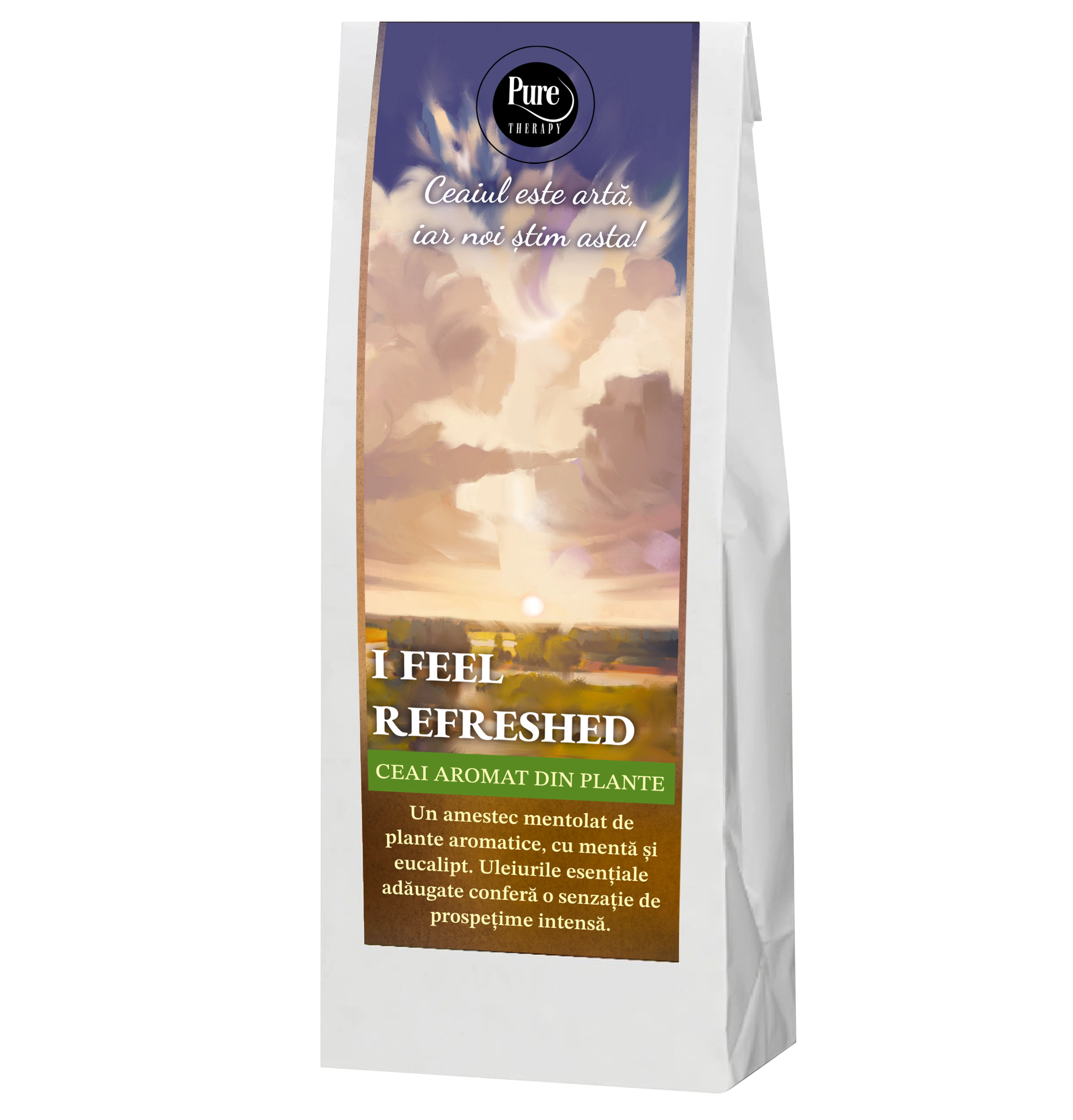 Ceai aromat din plante uscate si fructe I Feel Refreshed, cu menta si eucalipt, cu uleiuri esentiale, pentru infuzie, 50g, Pure Therapy