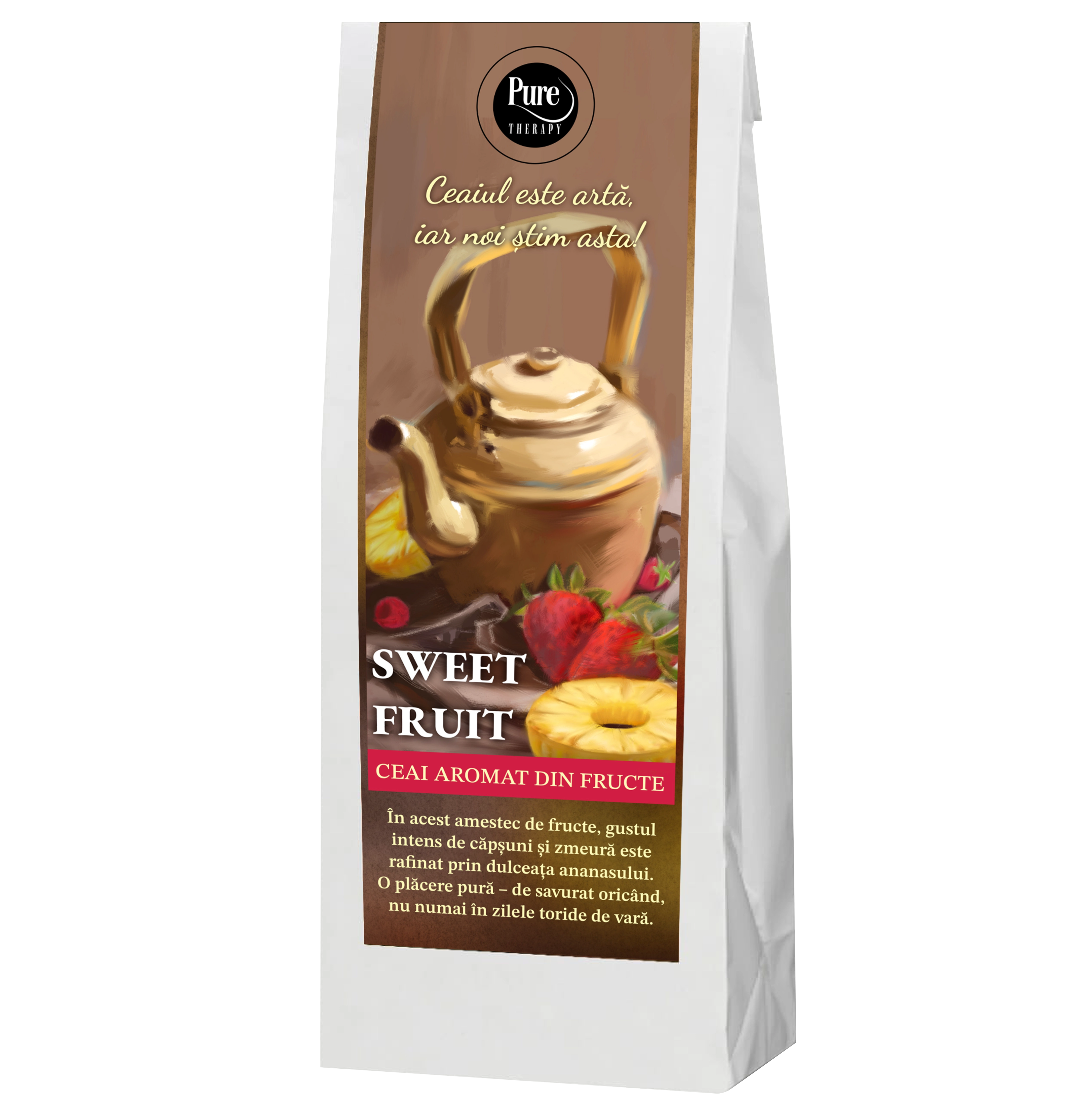 Ceai de fructe aromate Sweet Fruit, cu capsuni, zmeura si ananas, cu plante uscate pentru infuzie, 70g, Pure Therapy