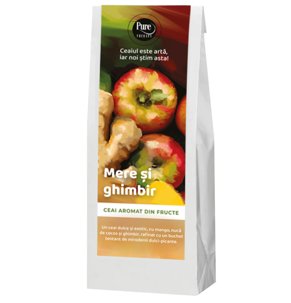 Ceai aromat MERE & GHIMBIR, infuzie fructat‑picanta cu ghimbir, mere, papaya si petale de trandafir, 70g, Pure Therapy