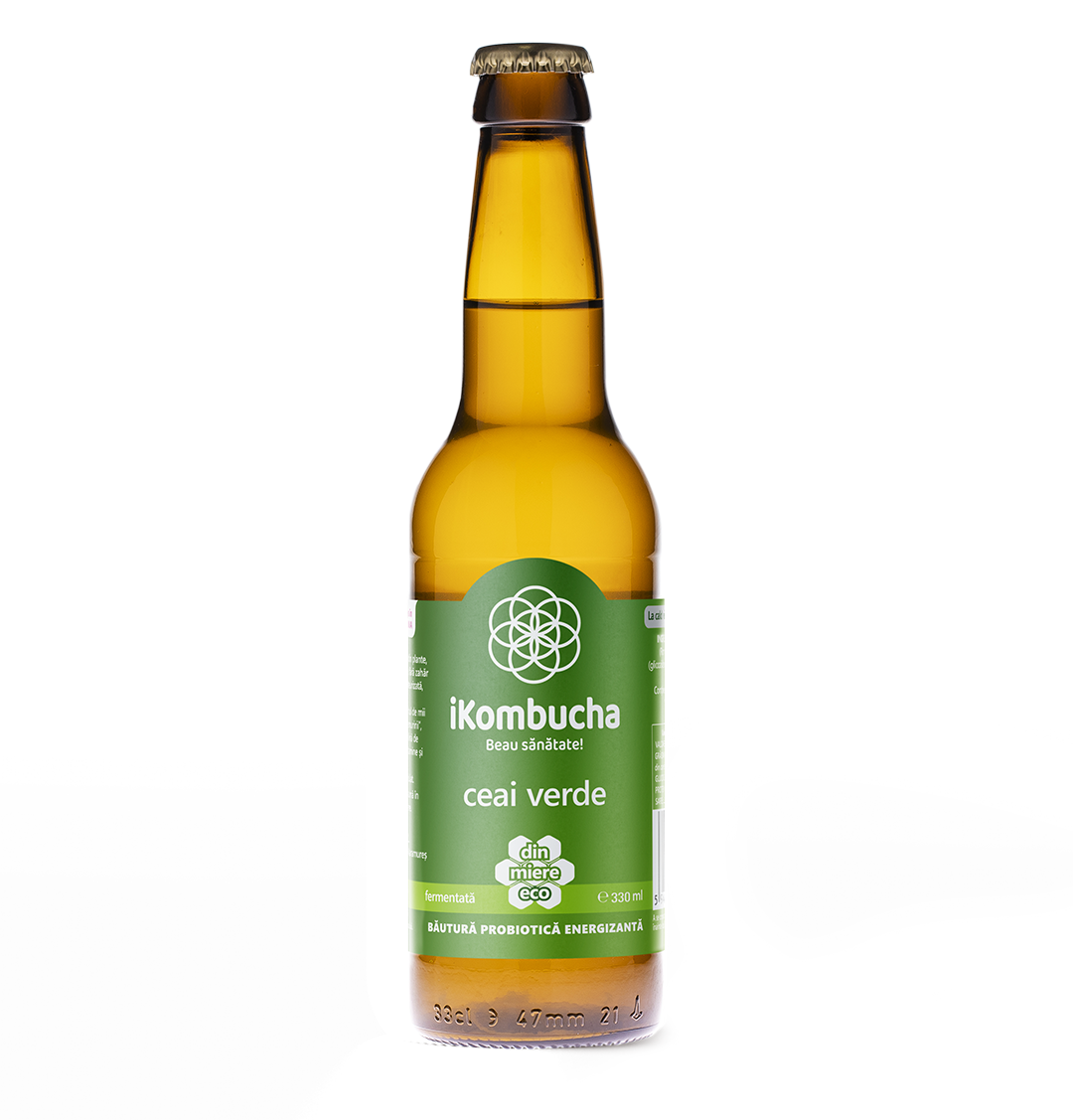 Ceai bio fermentat cu probiotice Kombucha, cu CEAI VERDE, cu bionutrienti, enzime si antioxidanti, pentru rezistenta, pentru digestie si antibalonare, 330 ml, iKombucha