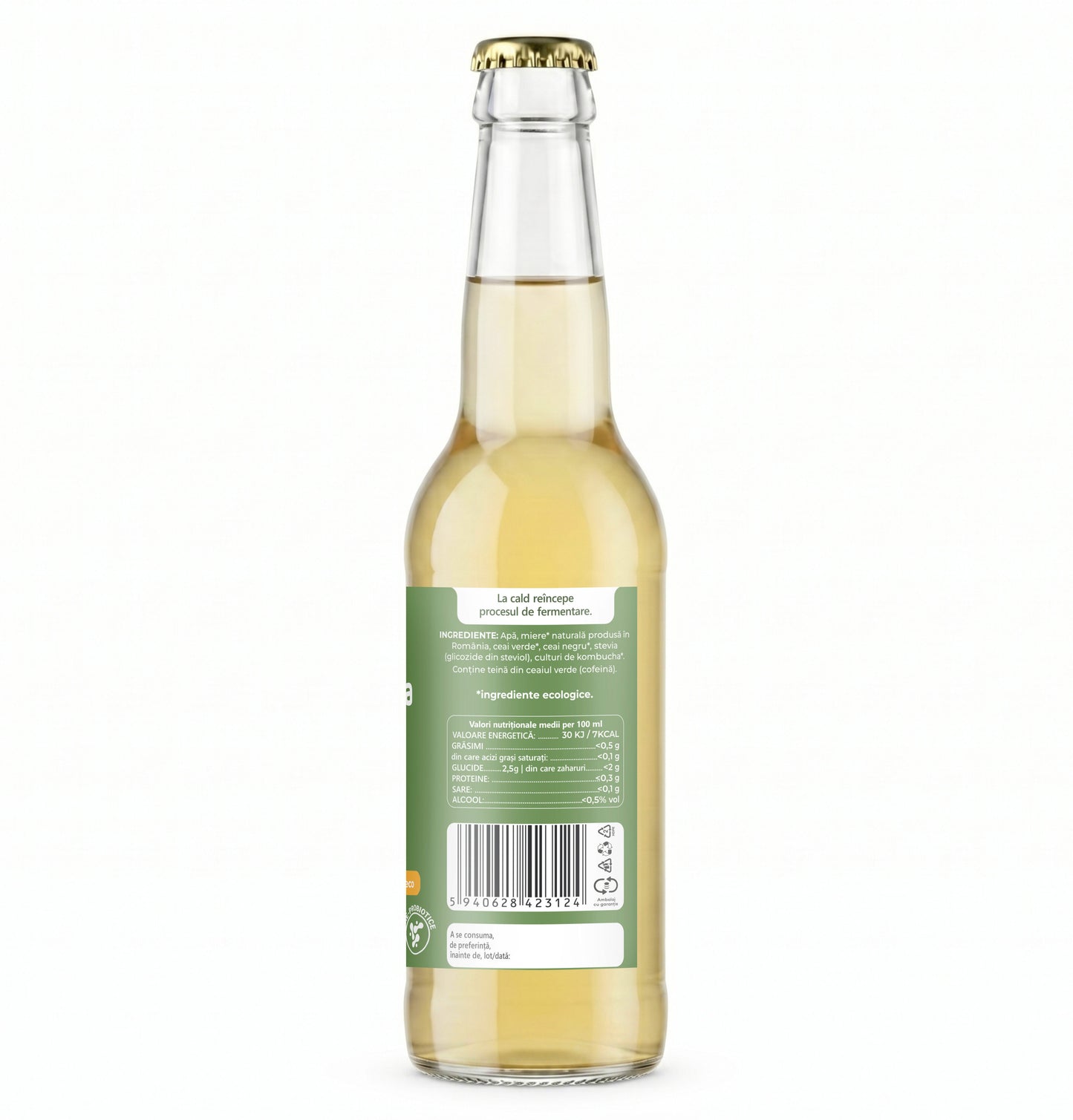 Ceai bio fermentat cu probiotice Kombucha, cu CEAI VERDE, cu bionutrienti, enzime si antioxidanti, pentru rezistenta, pentru digestie si antibalonare, 330 ml, iKombucha