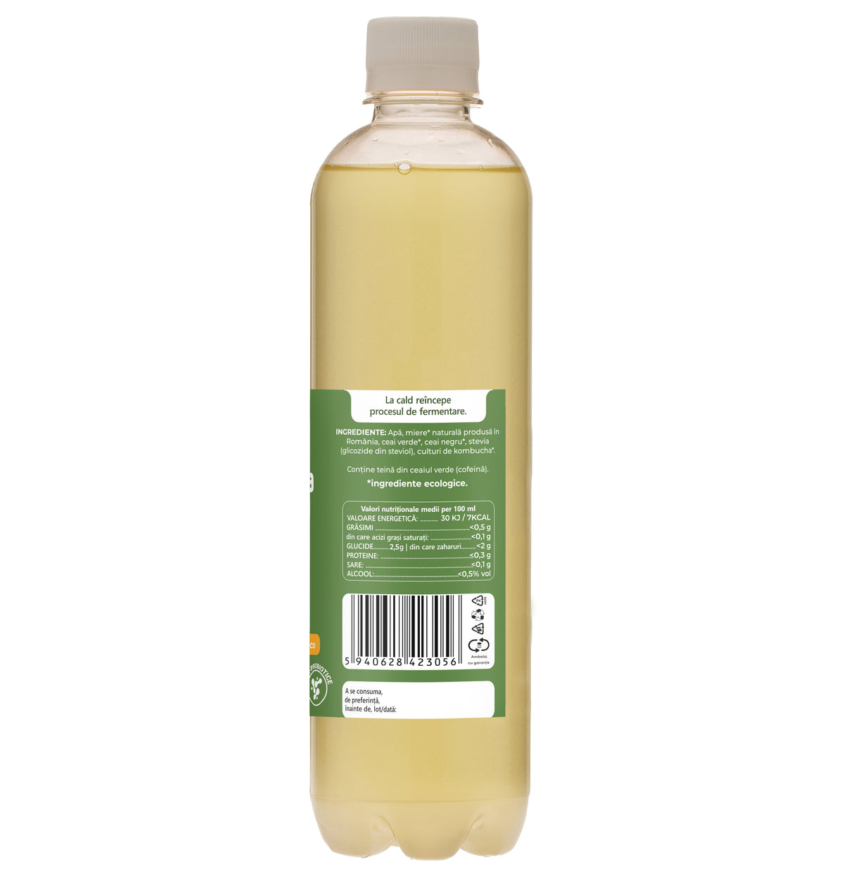 Ceai bio fermentat cu probiotice Kombucha, cu CEAI VERDE, cu bionutrienti, enzime si antioxidanti, pentru rezistenta, pentru digestie si antibalonare, 500 ml, iKombucha