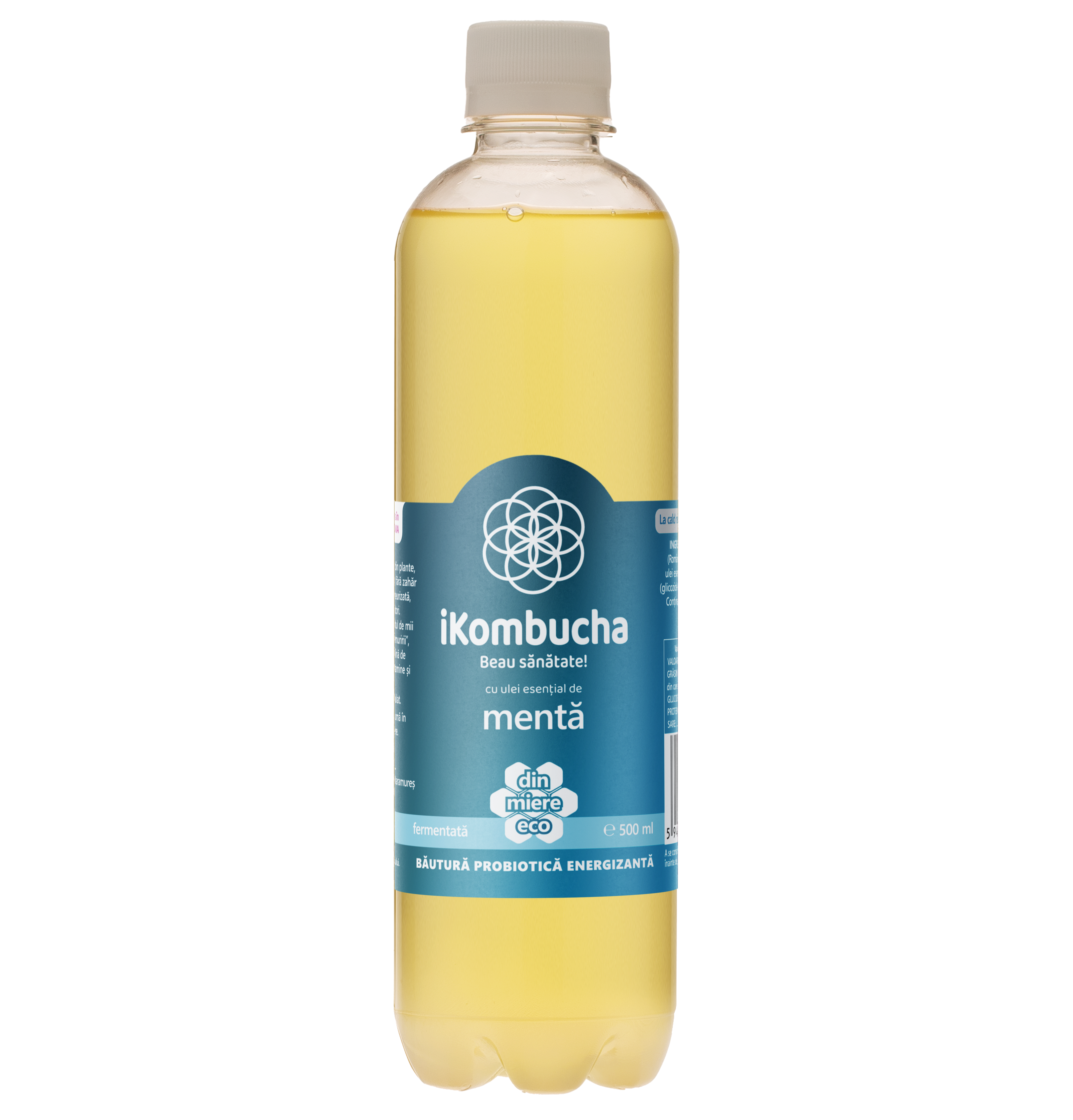Ceai kombucha cu MENTA, probiotice, cu vitamine si enzime pentru flora intestinala si digestie, 500 ml, iKombucha