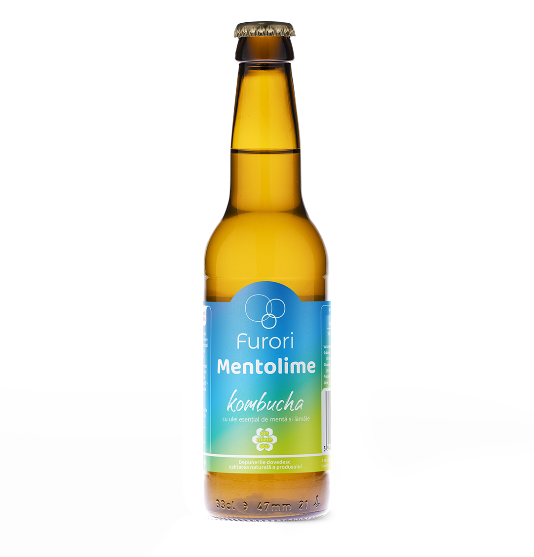 Bautura racoritoare acidulata pe baza de Kombucha, cu ulei esential de MENTA SI LAMAIE, 330 ml, Furori