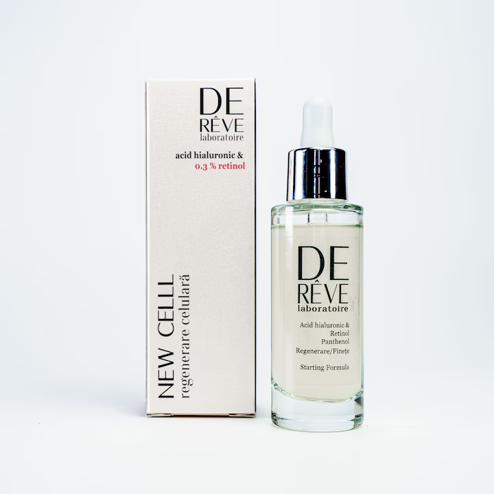 Ser facial pentru regenerare celulară NEW CELL, cu retinol 0,3%, două tipuri de acid hialuronic și panthenol, 30ml, DE RÊVE Laboratoire
