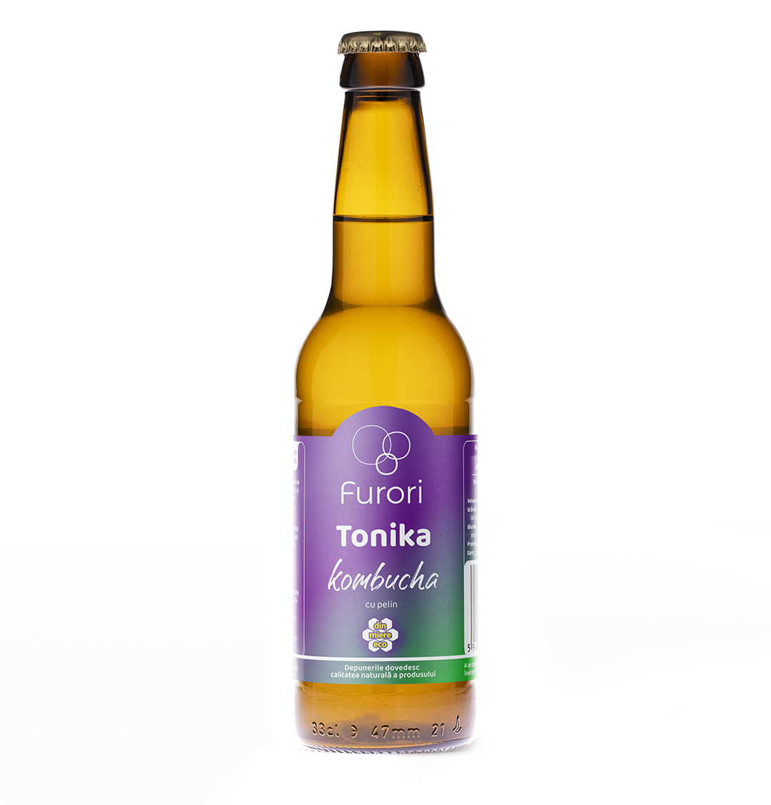 Apa tonica fara zahar pe baza de Kombucha, cu pelin, ceai verde, ceai negru si miere, pentru digestie, 330 ml, Furori