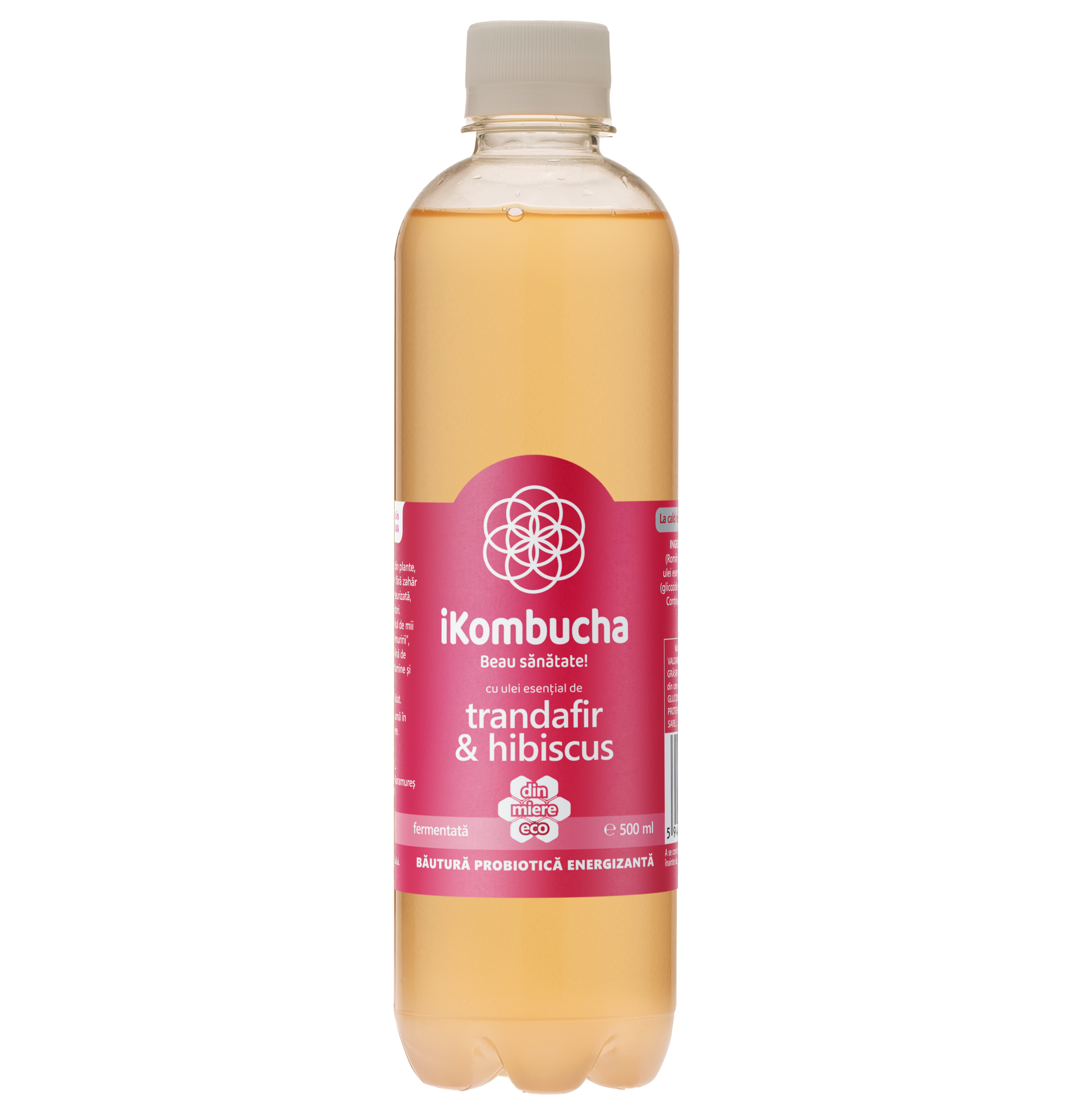 Ceai Kombucha fara zahar, cu TRANDAFIR si HIBISCUS, cu probiotice, vitamine si enzime pentru digestie si reducerea inflamatiei, 500 ml, iKombucha