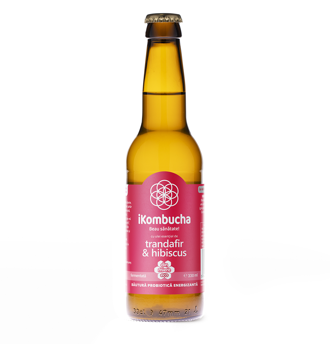 Ceai Kombucha, cu TRANDAFIR si HIBISCUS, cu continut ridicat de probiotice,enzime si antioxidanti, cu beneficii pentru imunitate si arderea grasimilor, 330 ml, iKombucha