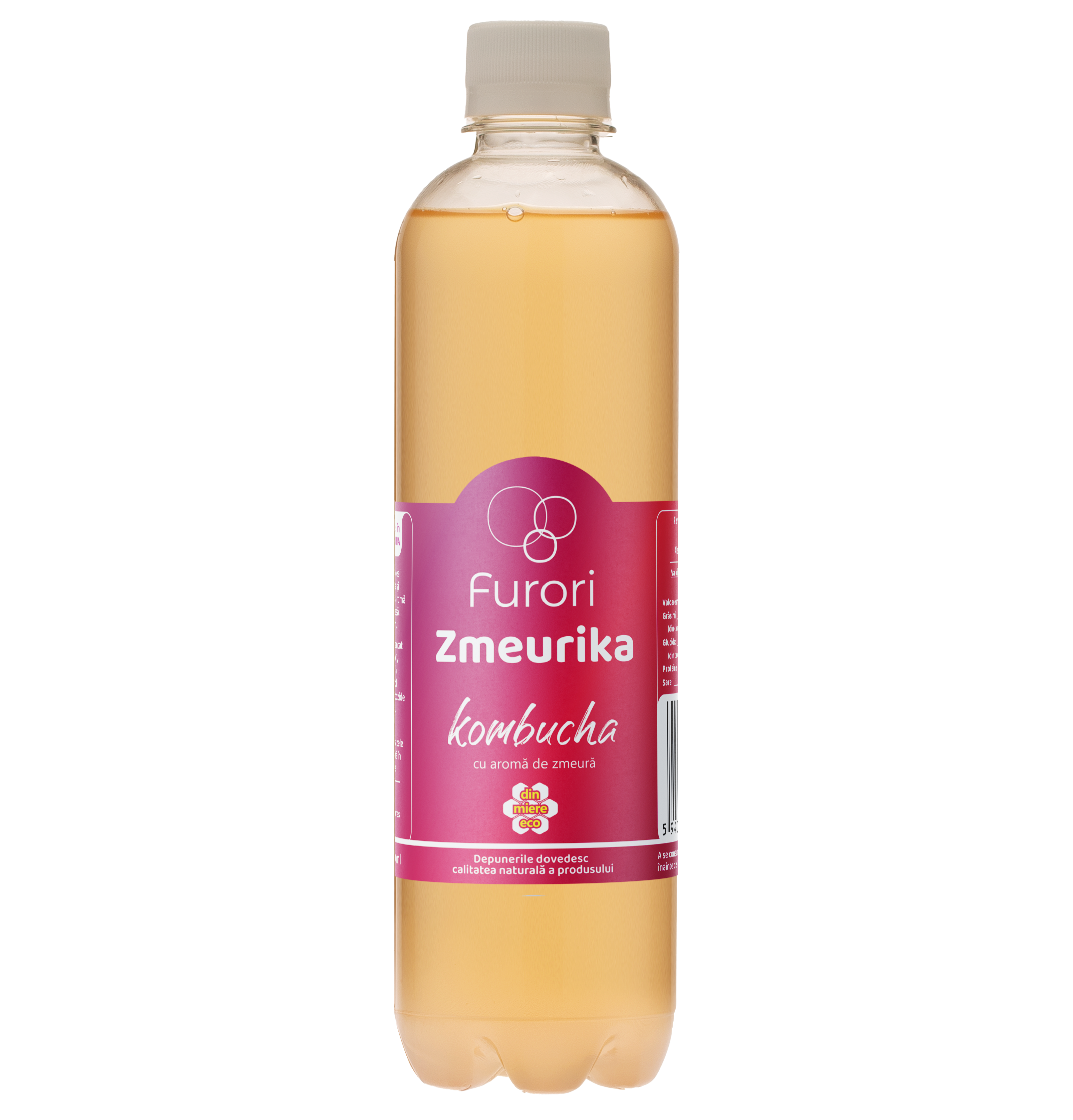Bautura racoritoare Kombucha fara zahar, cu aroma naturala de ZMEURA, miere si hibiscus, 500 ml, Furori