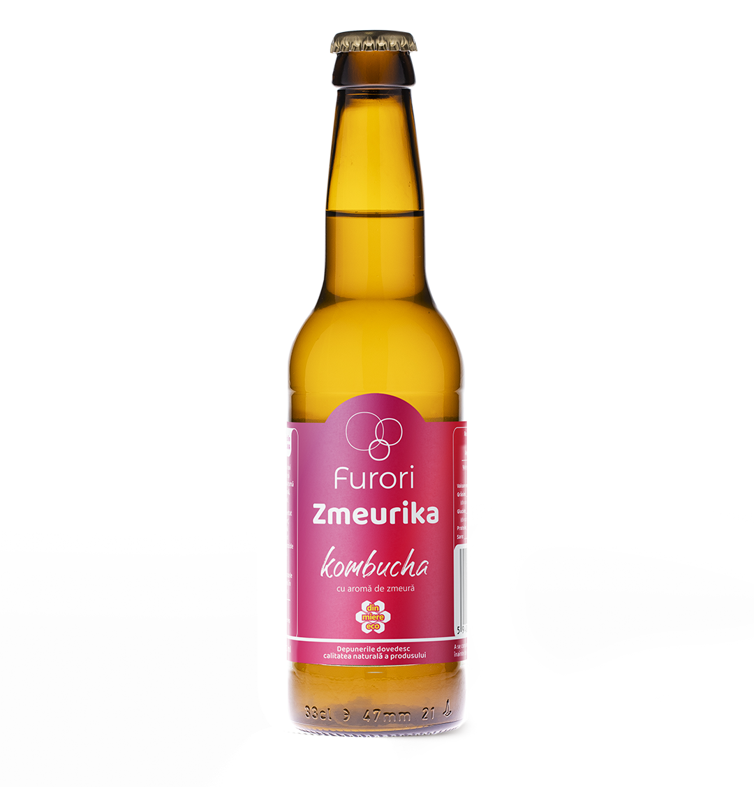 Bautura racoritoare Kombucha fara zahar, cu aroma naturala de ZMEURA, miere si hibiscus, 330 ml, Furori