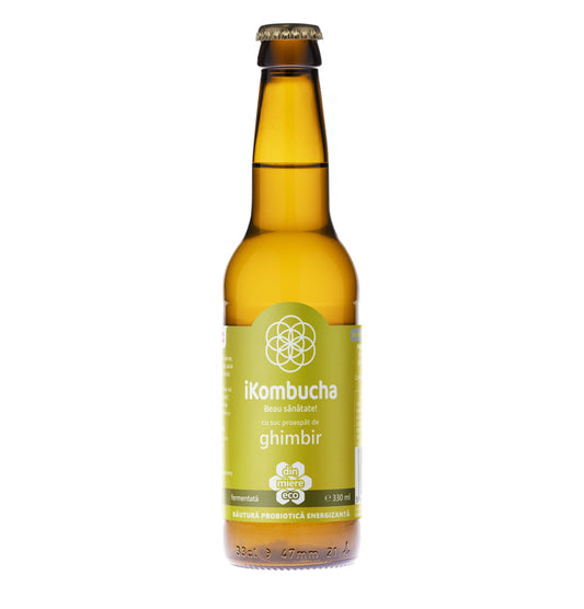 iKombucha, ceai Kombucha cu suc proaspat de GHIMBIR si CEAI VERDE, cu bionutrienti, enzime si antioxidanti, pentru rezistenta, pentru digestie si antibalonare, 330 ml, iKombucha