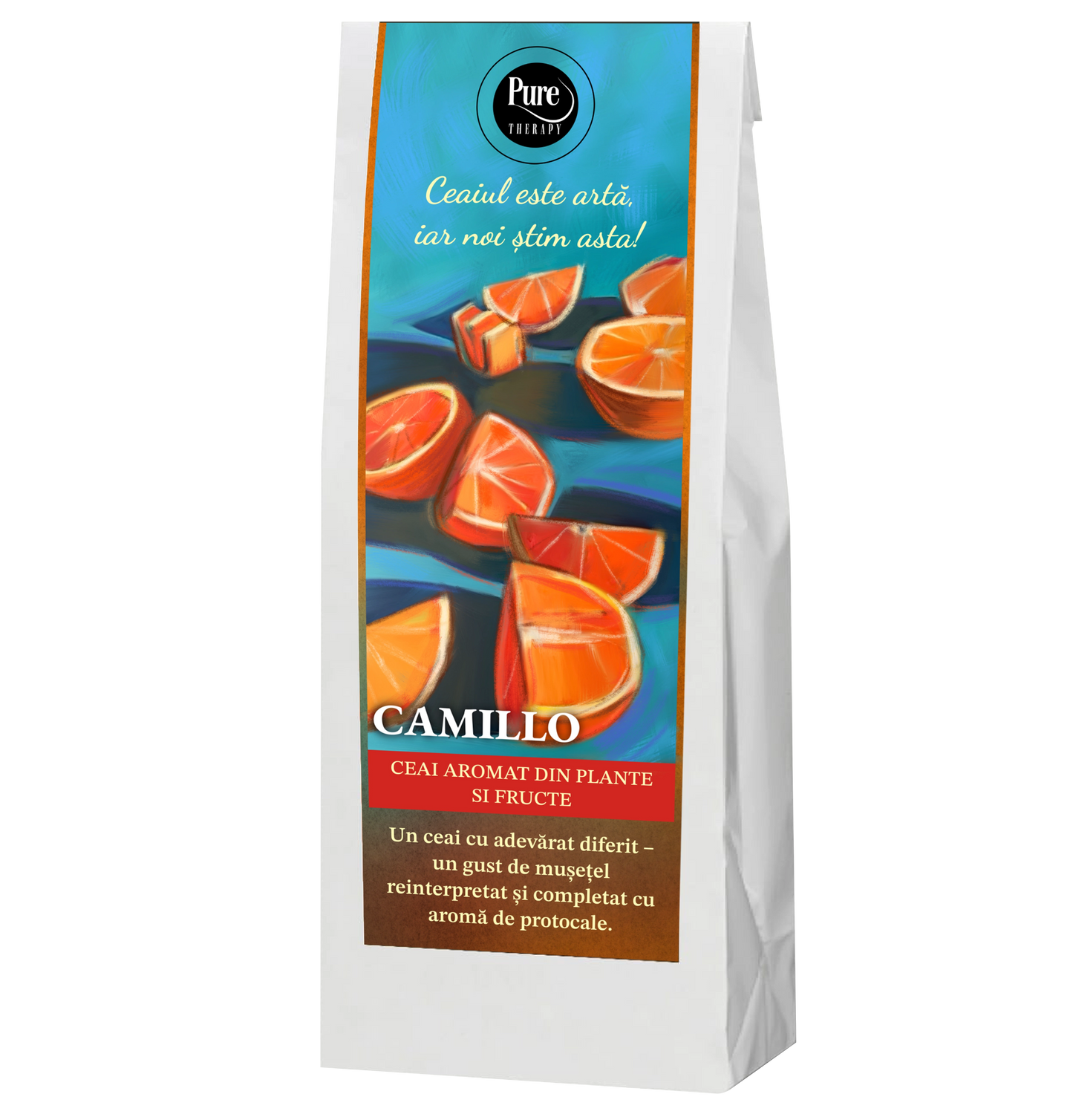 Ceai din fructe si plante aromate, Camillo, pentru infuzie, cu gust de musetel si aroma de portocale, 50g, Pure Therapy