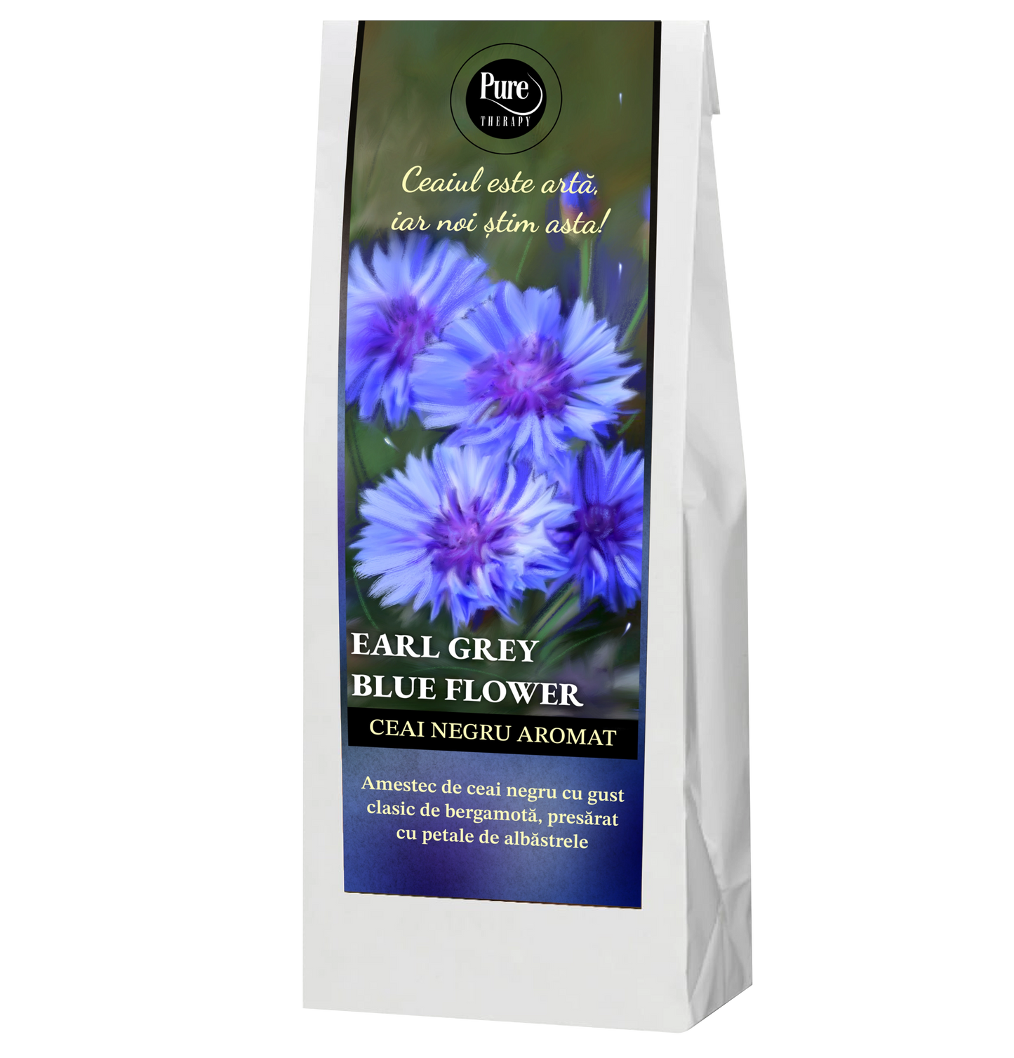 Ceai negru aromat, Earl Grey Blue Flower, pentru infuzie, cu gust clasic de bergamota si petale de albastrele, 70g, Pure Therapy