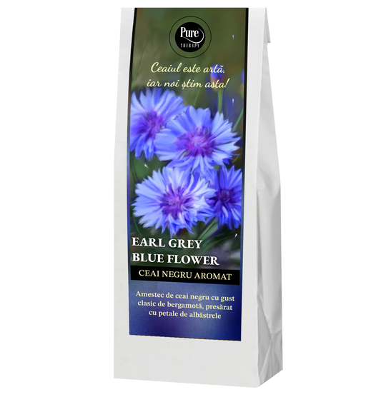 Ceai negru aromat, Earl Grey Blue Flower, pentru infuzie, cu gust clasic de bergamota si petale de albastrele, 70g, Pure Therapy