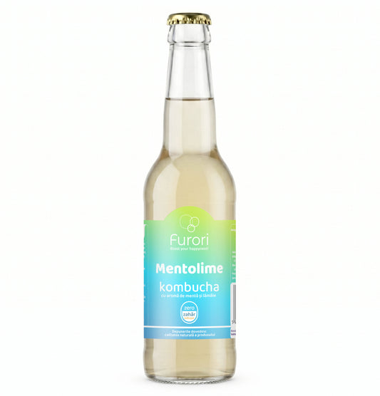 Bautura racoritoare acidulata pe baza de Kombucha, cu ulei esential de MENTA SI LAMAIE, 330 ml, Furori