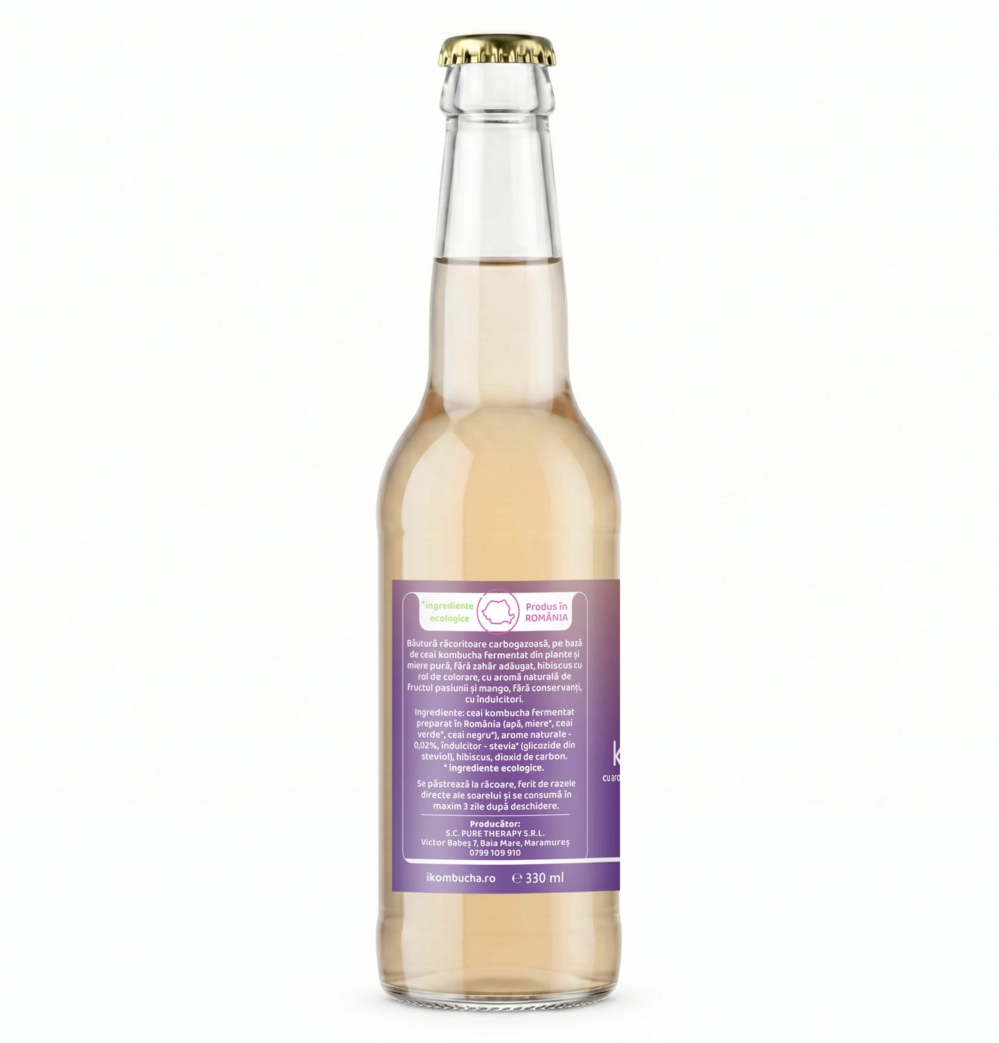 Bautura digestiva Kombucha fara zahar, cu aroma naturala de FRUCTUL PASIUNII si MANGO, 330 ml, Furori