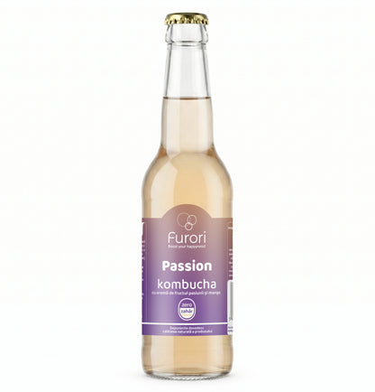 Bautura digestiva Kombucha fara zahar, cu aroma naturala de FRUCTUL PASIUNII si MANGO, 330 ml, Furori
