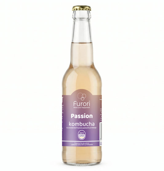 Bautura digestiva Kombucha fara zahar, cu aroma naturala de FRUCTUL PASIUNII si MANGO, 330 ml, Furori