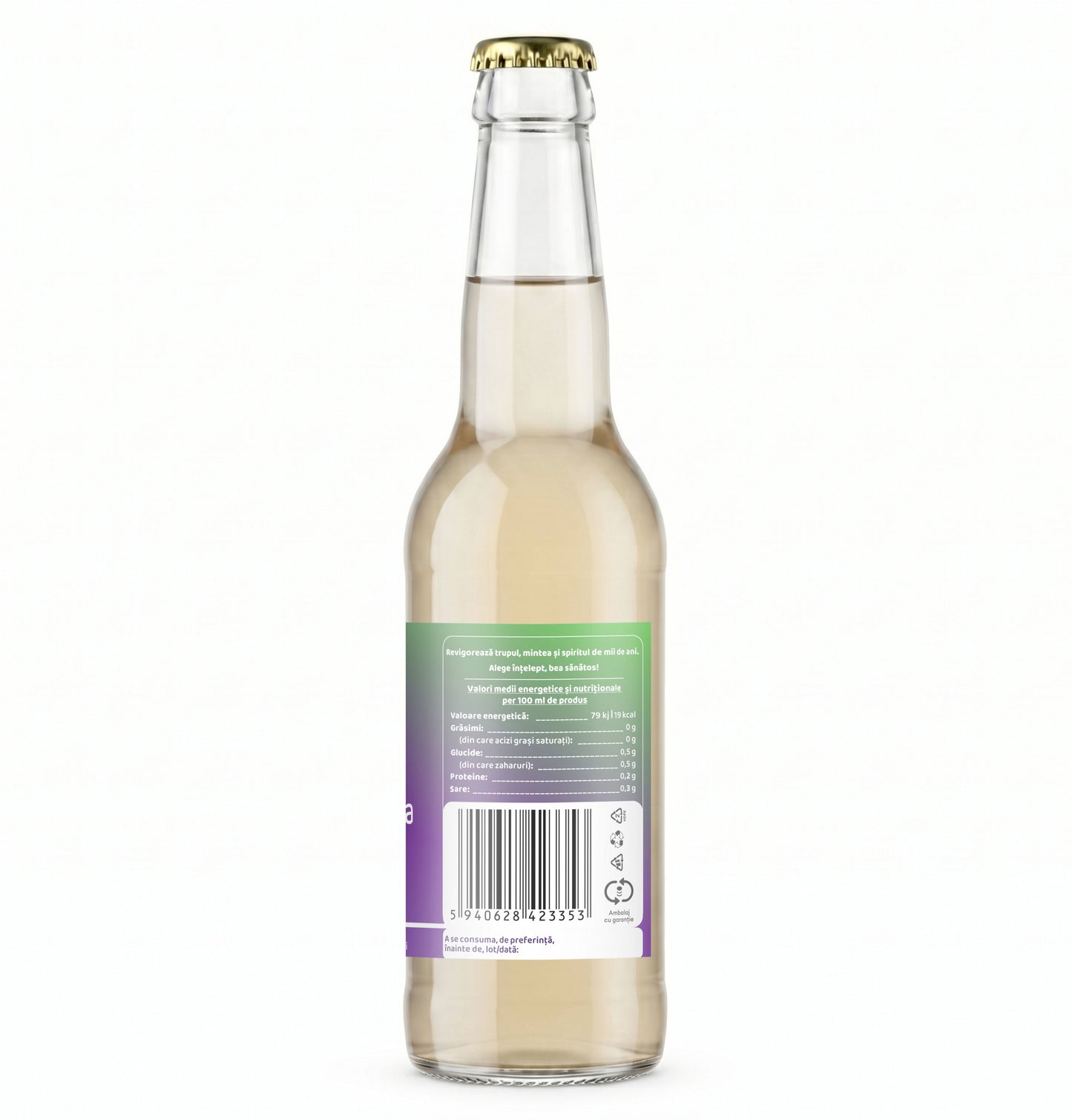 Apa tonica fara zahar pe baza de Kombucha, cu pelin, ceai verde, ceai negru si miere, pentru digestie, 330 ml, Furori