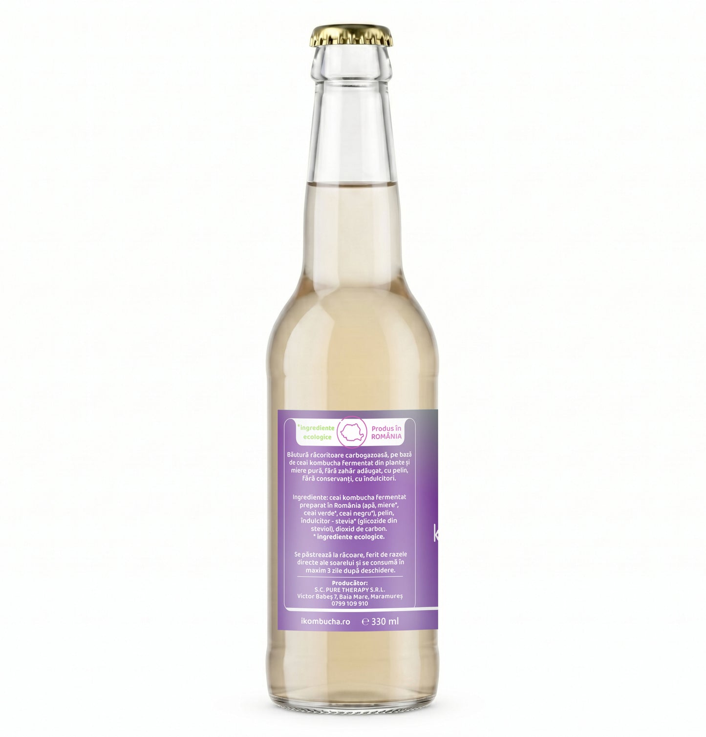 Apa tonica fara zahar pe baza de Kombucha, cu pelin, ceai verde, ceai negru si miere, pentru digestie, 330 ml, Furori