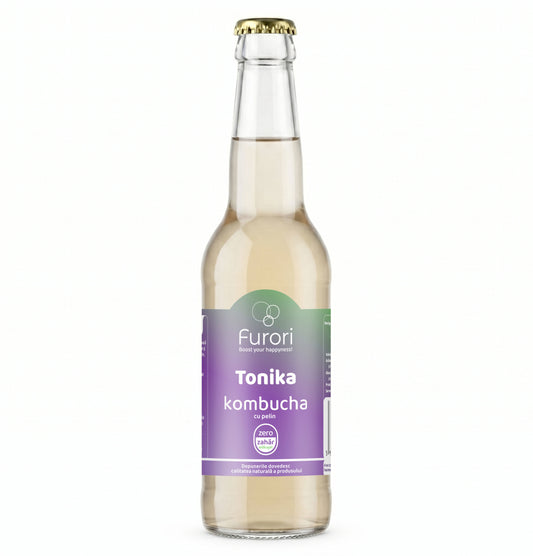 Apa tonica fara zahar pe baza de Kombucha, cu pelin, ceai verde, ceai negru si miere, pentru digestie, 330 ml, Furori