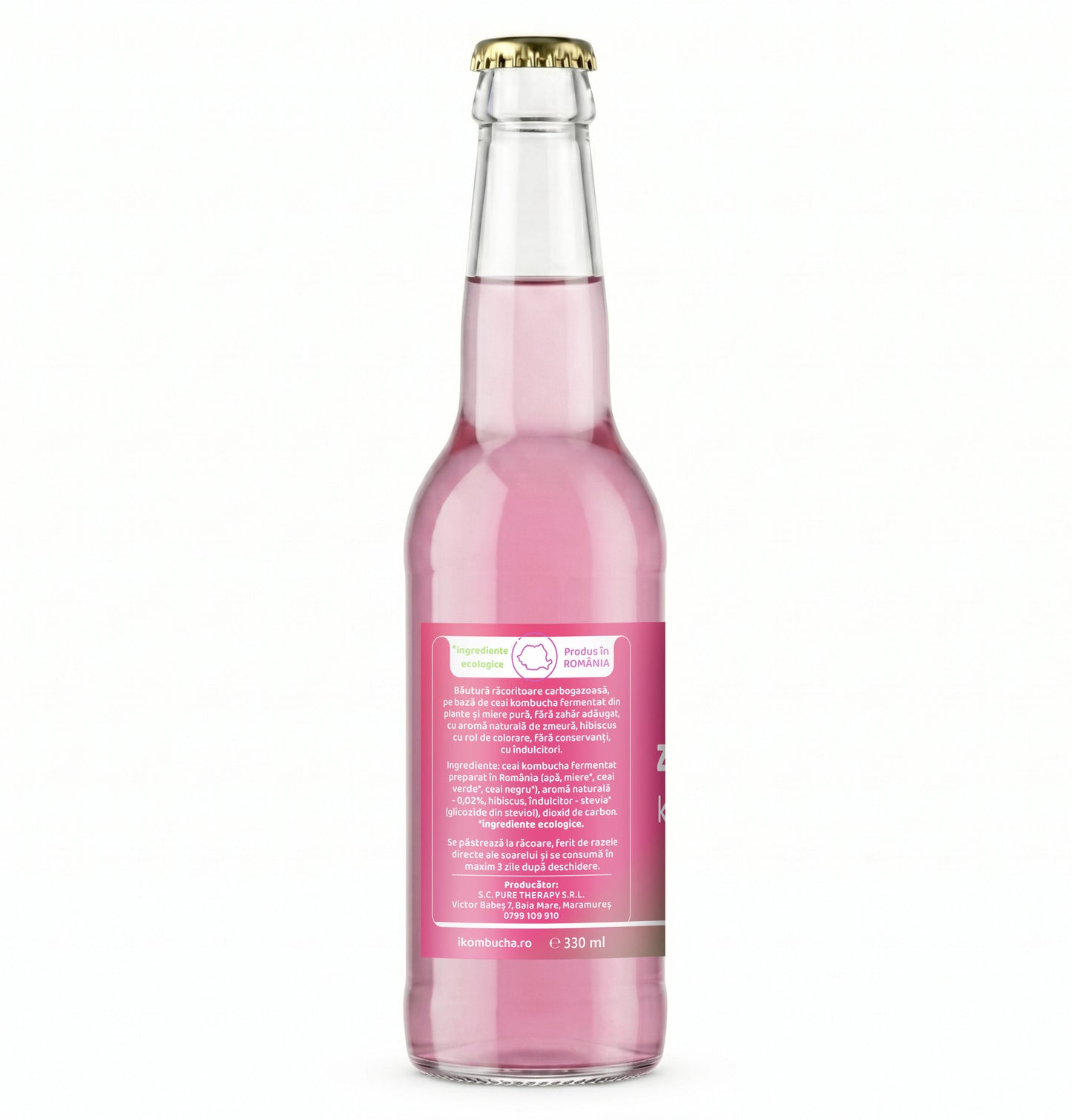 Bautura racoritoare Kombucha fara zahar, cu aroma naturala de ZMEURA, miere si hibiscus, 330 ml, Furori