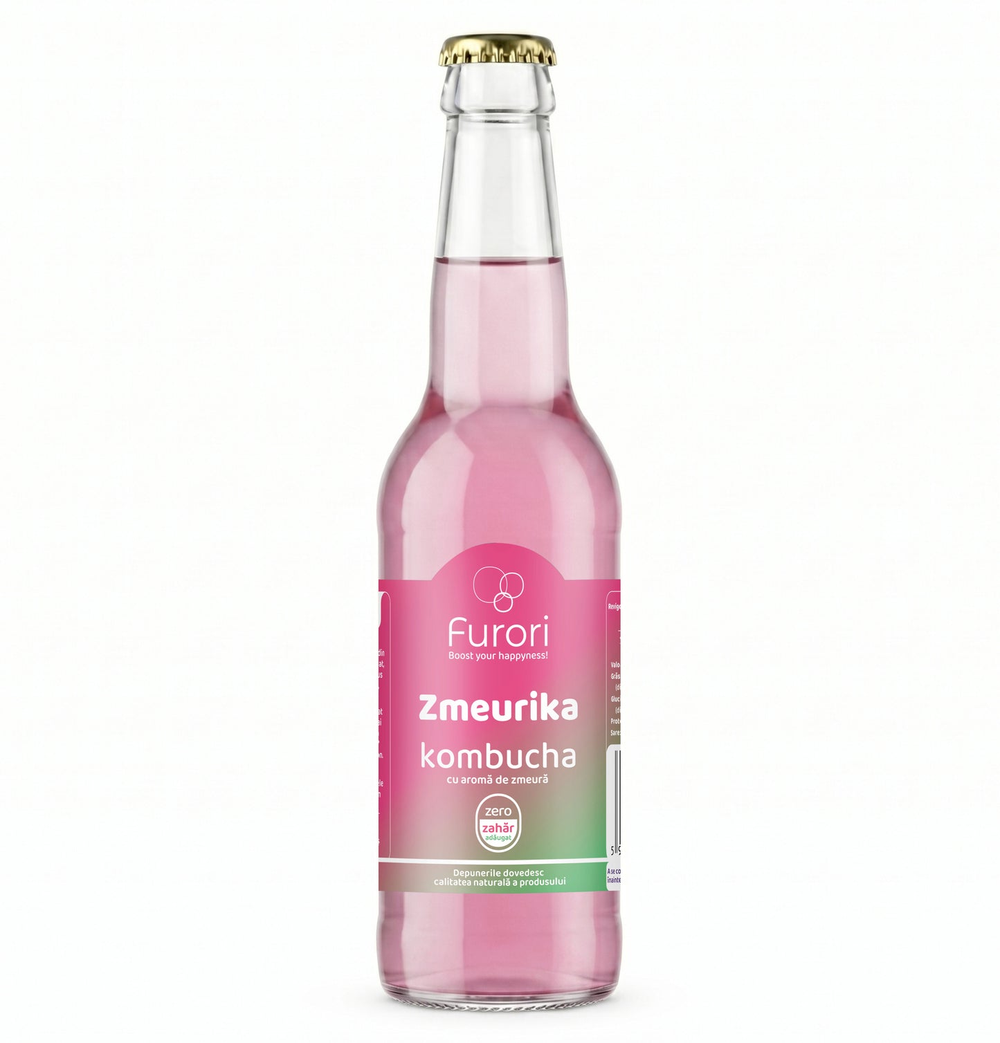 Bautura racoritoare Kombucha fara zahar, cu aroma naturala de ZMEURA, miere si hibiscus, 330 ml, Furori