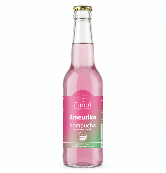 Bautura racoritoare Kombucha fara zahar, cu aroma naturala de ZMEURA, miere si hibiscus, 330 ml, Furori
