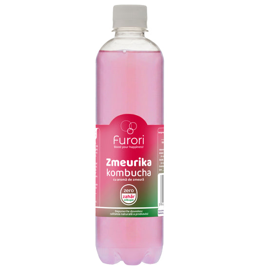 Bautura racoritoare Kombucha fara zahar, cu aroma naturala de ZMEURA, miere si hibiscus, 500 ml, Furori