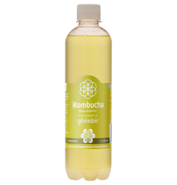 iKombucha, ceai Kombucha cu suc proaspat de GHIMBIR si CEAI VERDE, cu bionutrienti, enzime si antioxidanti, pentru rezistenta, pentru digestie si antibalonare, 500 ml, iKombucha