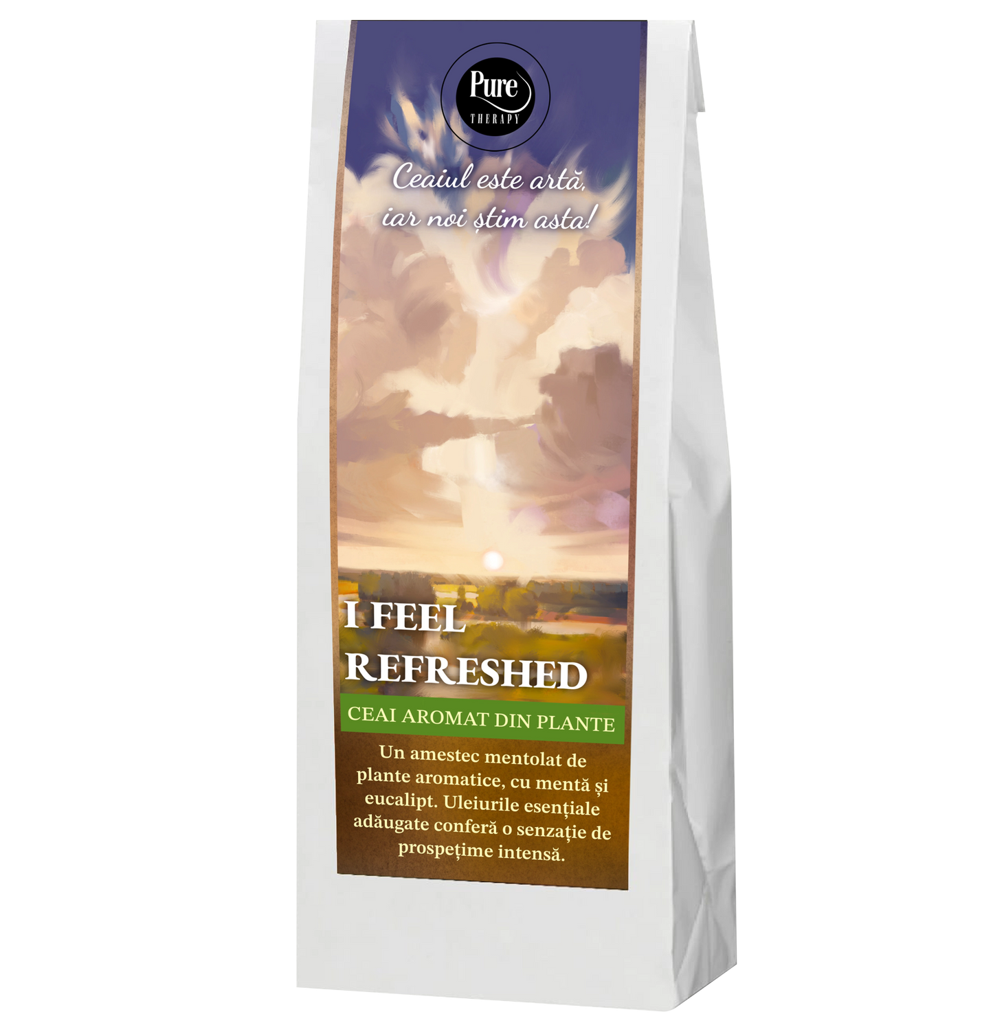 Ceai aromat din plante uscate si fructe I Feel Refreshed, cu menta si eucalipt, cu uleiuri esentiale, pentru infuzie, 50g, Pure Therapy