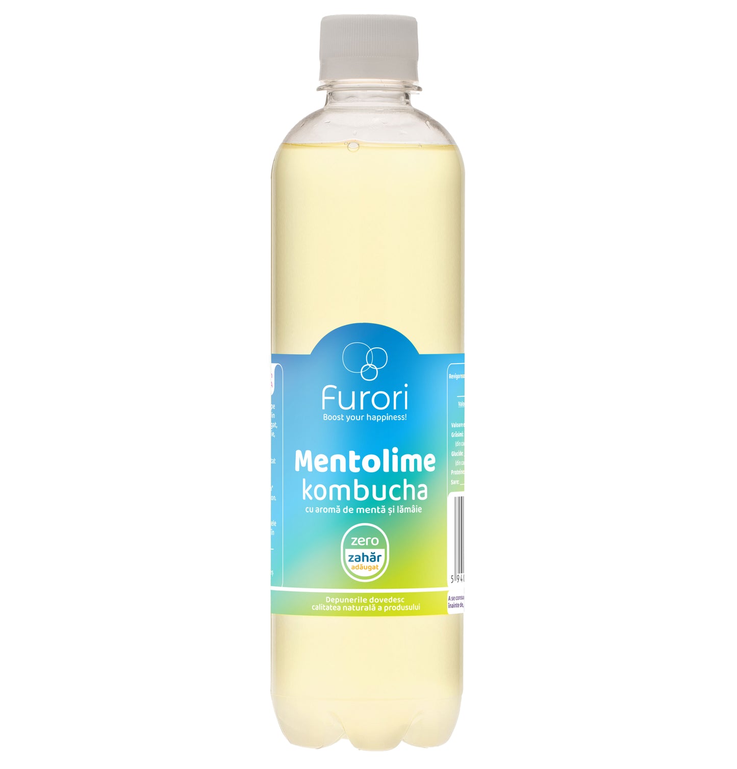 Bautura racoritoare acidulata pe baza de Kombucha, cu ulei esential de MENTA si LAMAIE, 500 ml, Furori