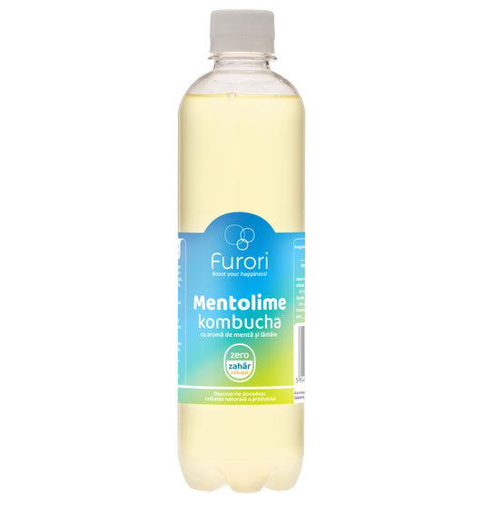 Bautura racoritoare acidulata pe baza de Kombucha, cu ulei esential de MENTA si LAMAIE, 500 ml, Furori