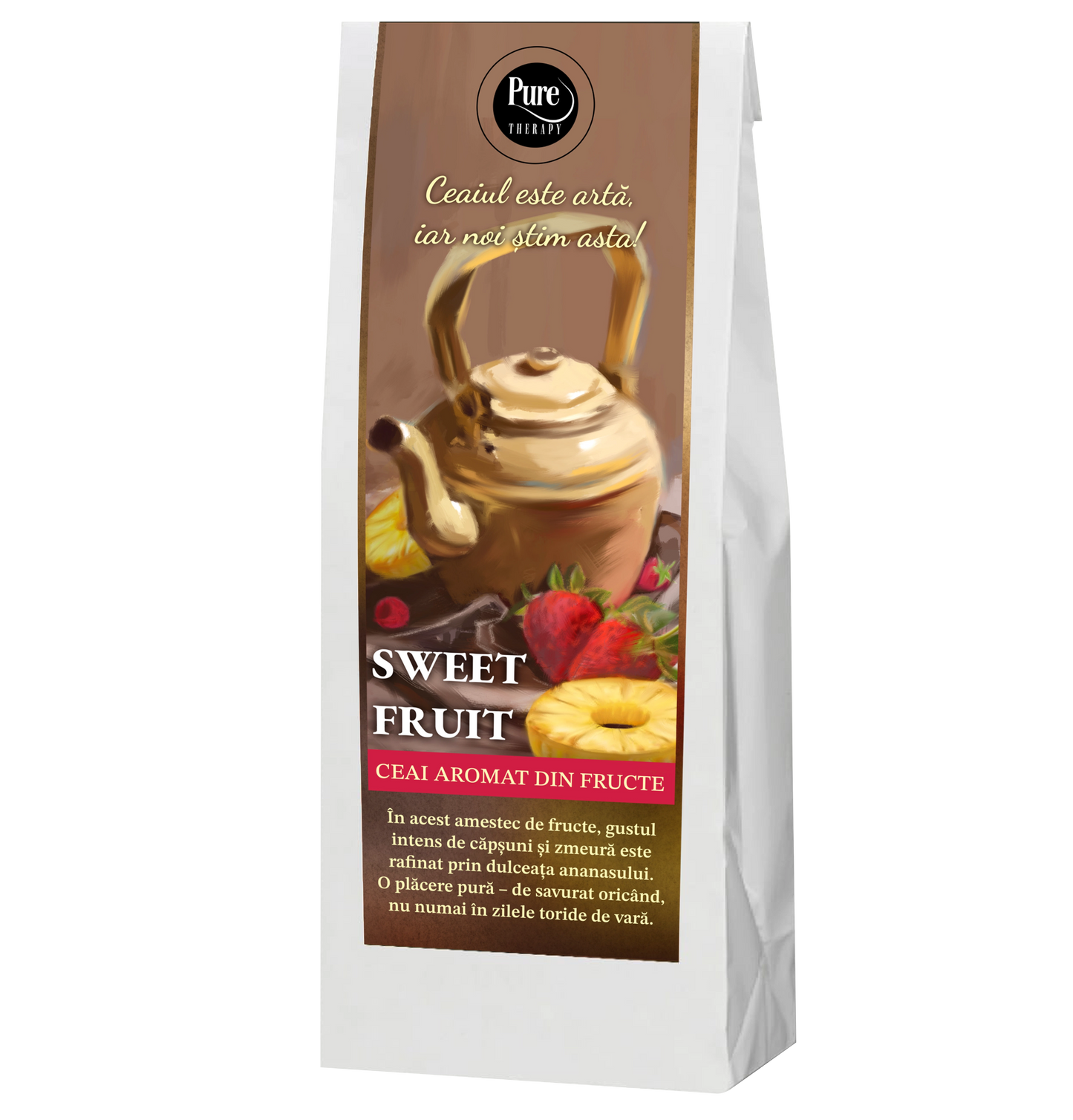 Ceai de fructe aromate Sweet Fruit, cu capsuni, zmeura si ananas, cu plante uscate pentru infuzie, 70g, Pure Therapy