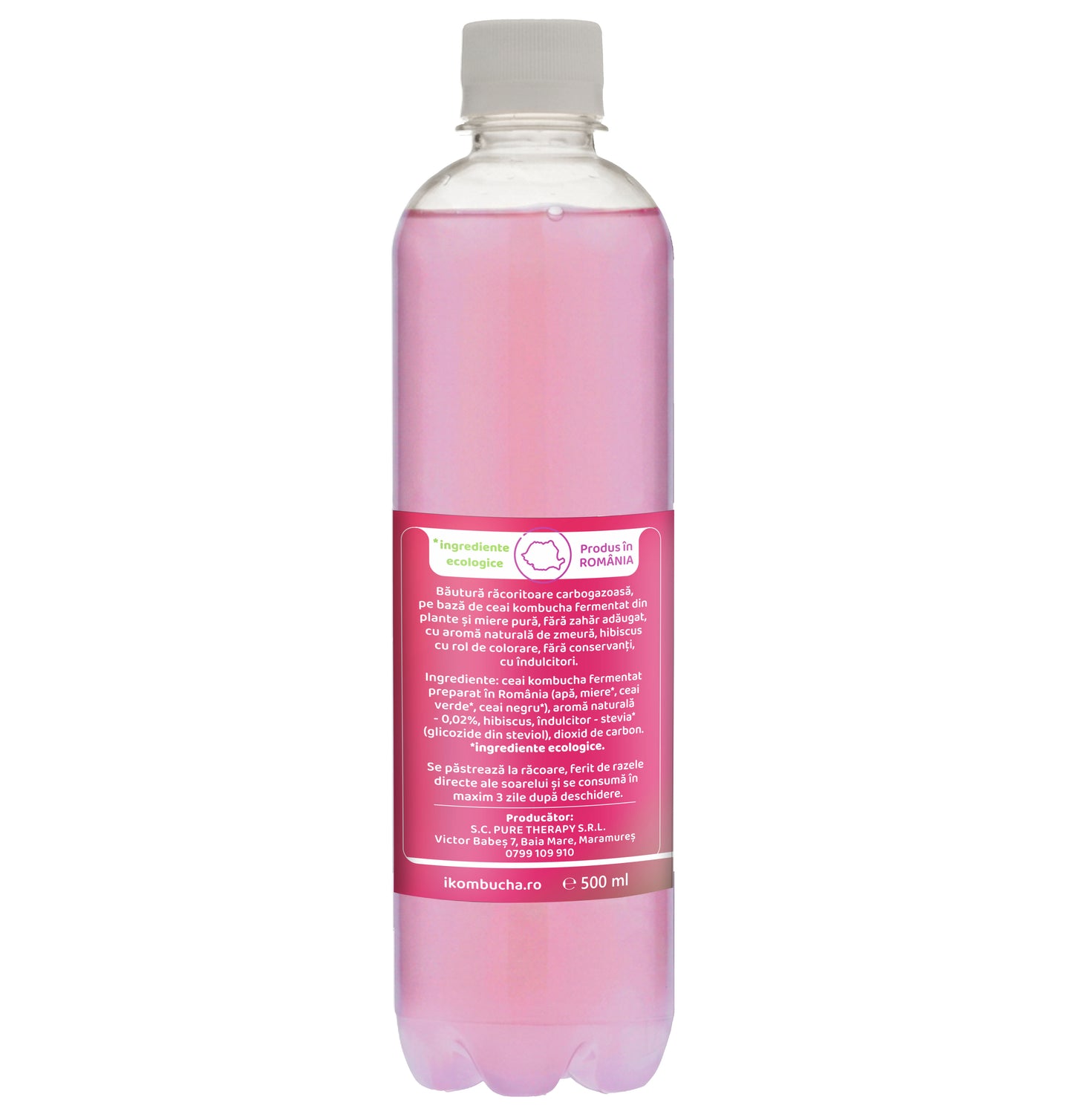 Bautura racoritoare Kombucha fara zahar, cu aroma naturala de ZMEURA, miere si hibiscus, 500 ml, Furori