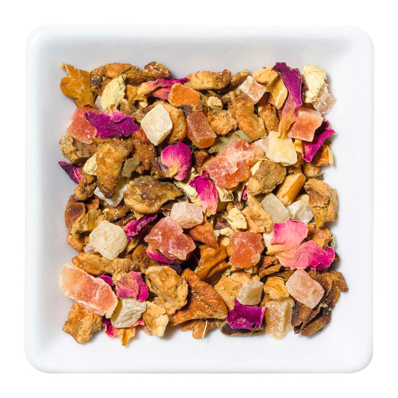 Ceai aromat MERE & GHIMBIR, infuzie fructat‑picanta cu ghimbir, mere, papaya si petale de trandafir, 70g, Pure Therapy