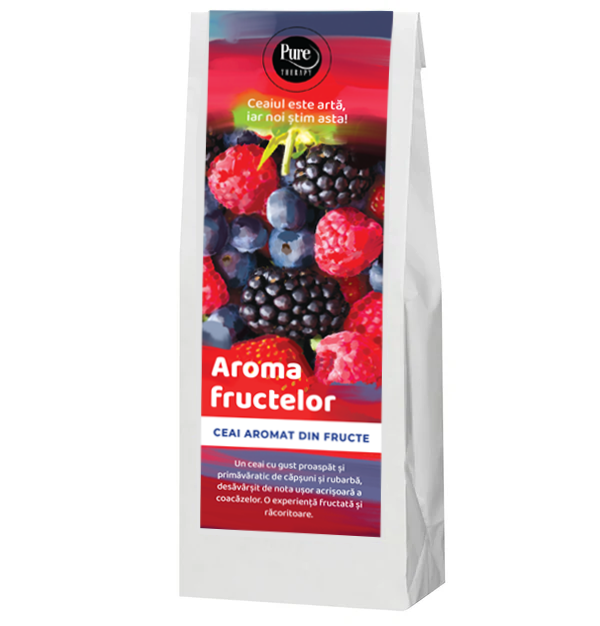 Ceai AROMA FRUCTELOR, infuzie aromata fructata cu capsuni, mure, coacaze si rubarba, 70 g, Pure Therapy
