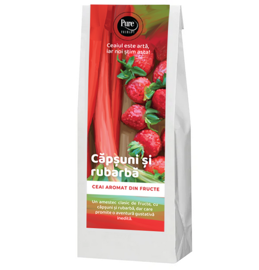Ceai aromat CAPSUNI & RUBARBA, infuzie delicata cu capsuni, rubarba, hibiscus si petale de trandafir, 50g, Pure Therapy
