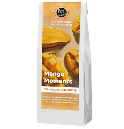 Ceai de fructe aromate, MANGO MOMENTS, dulce si exotic, cu mango, nuca de cocos, ghimbir, cu mirodenii dulci-picante, cu plante uscate pentru infuzie, 70g, Pure Therapy