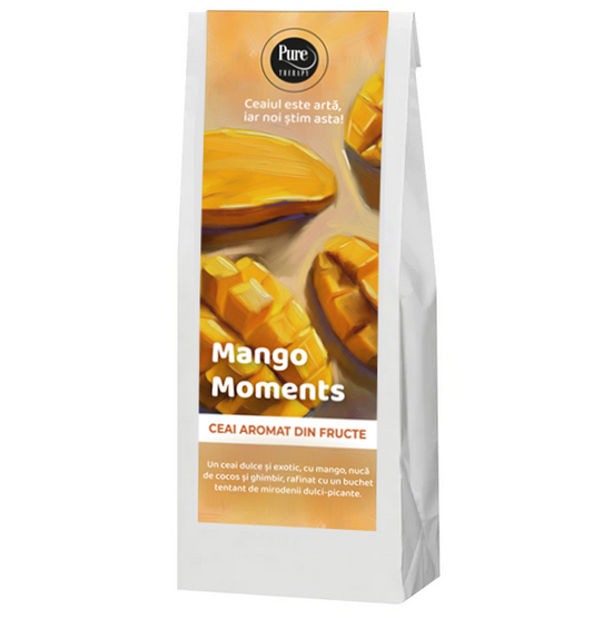 Ceai de fructe aromate, MANGO MOMENTS, dulce si exotic, cu mango, nuca de cocos, ghimbir, cu mirodenii dulci-picante, cu plante uscate pentru infuzie, 70g, Pure Therapy