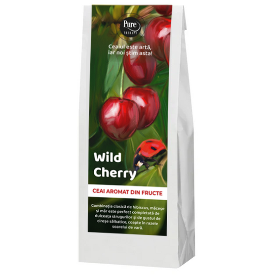 Ceai de fructe si plante uscate, aromat WILD CHERRY, cu hibiscus, macese, mar, struguri si cirese salbaltice, pentru infuzie, 70g, Pure Therapy