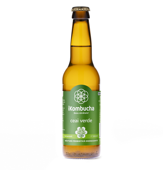 Ceai bio fermentat cu probiotice Kombucha, cu CEAI VERDE, cu bionutrienti, enzime si antioxidanti, pentru rezistenta, pentru digestie si antibalonare, 330 ml, iKombucha