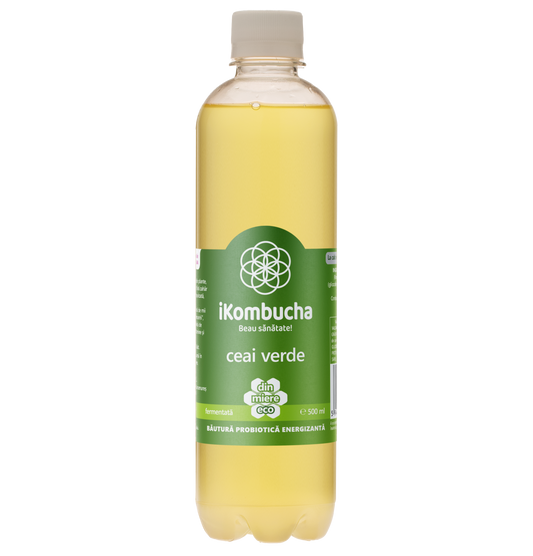 Ceai bio fermentat cu probiotice Kombucha, cu CEAI VERDE, cu bionutrienti, enzime si antioxidanti, pentru rezistenta, pentru digestie si antibalonare, 500 ml, iKombucha