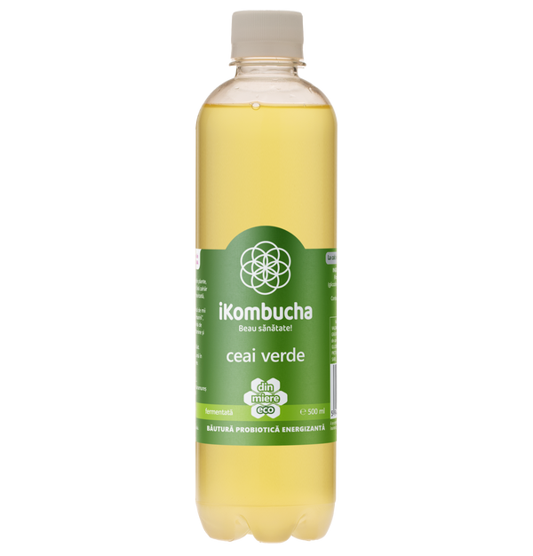 Ceai bio fermentat cu probiotice Kombucha, cu CEAI VERDE, cu bionutrienti, enzime si antioxidanti, pentru rezistenta, pentru digestie si antibalonare, 500 ml, iKombucha