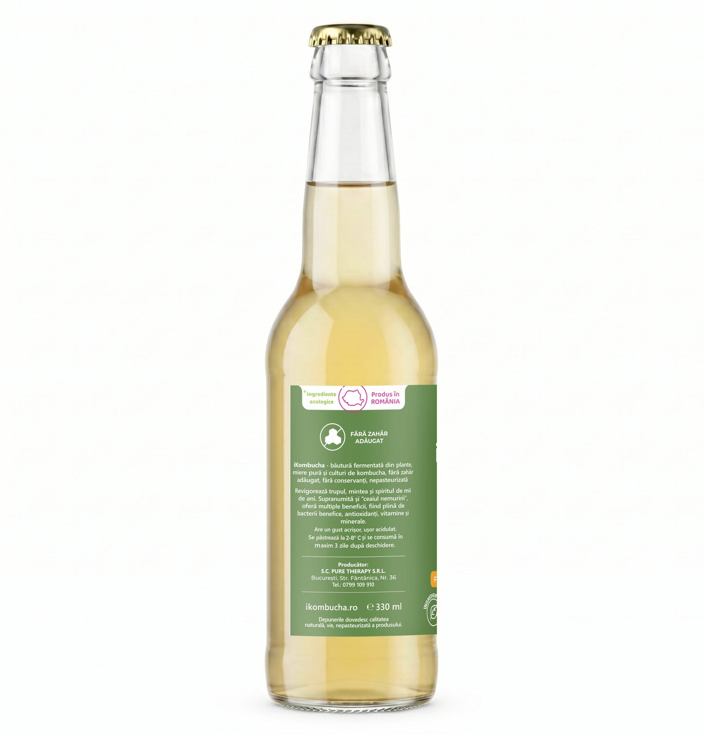 Ceai bio fermentat cu probiotice Kombucha, cu CEAI VERDE, cu bionutrienti, enzime si antioxidanti, pentru rezistenta, pentru digestie si antibalonare, 330 ml, iKombucha