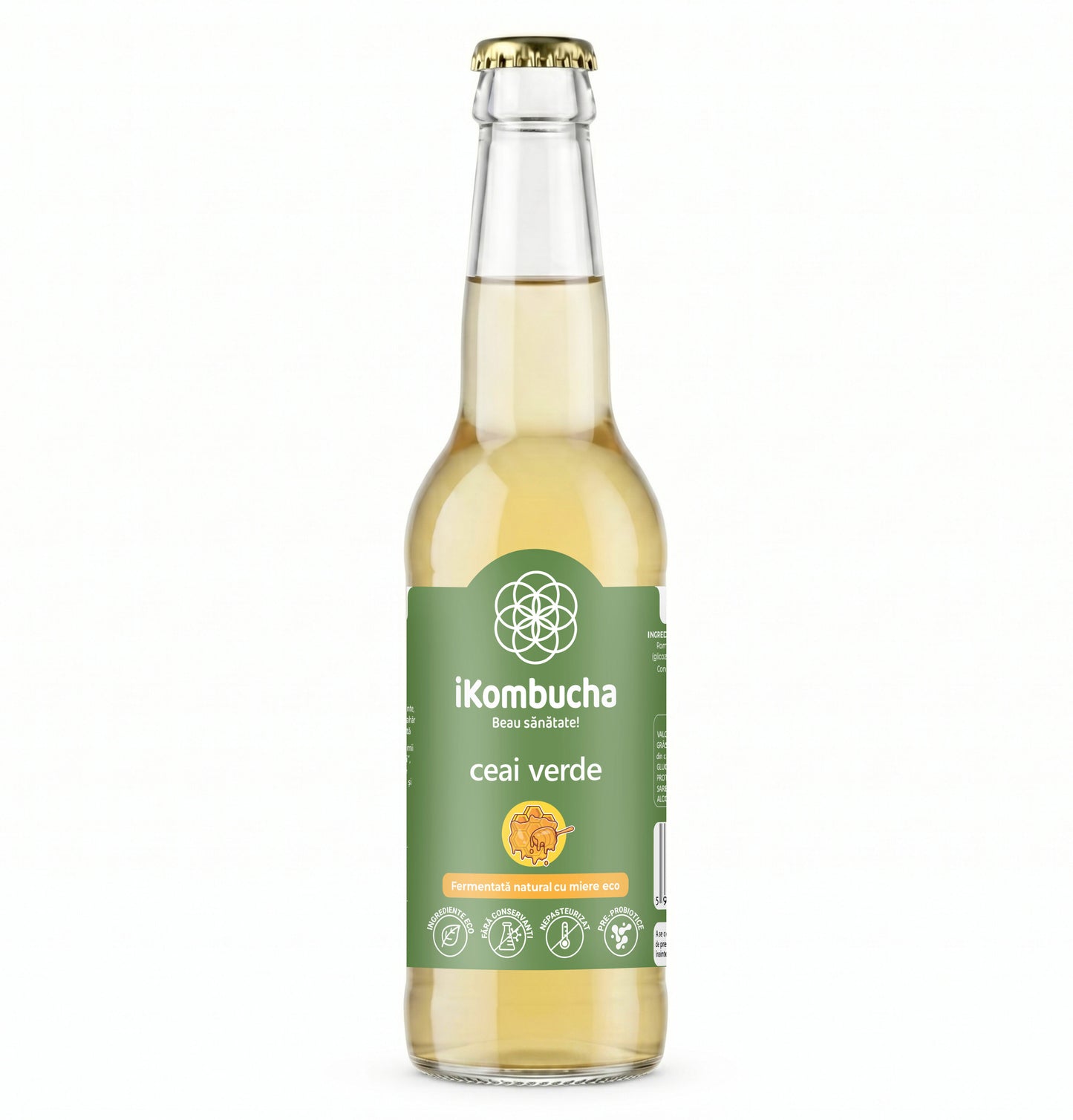Ceai bio fermentat cu probiotice Kombucha, cu CEAI VERDE, cu bionutrienti, enzime si antioxidanti, pentru rezistenta, pentru digestie si antibalonare, 330 ml, iKombucha