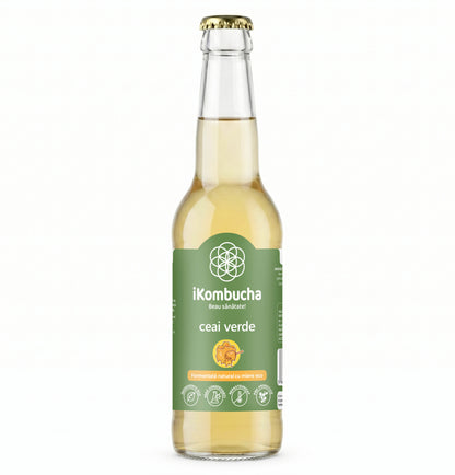 Ceai bio fermentat cu probiotice Kombucha, cu CEAI VERDE, cu bionutrienti, enzime si antioxidanti, pentru rezistenta, pentru digestie si antibalonare, 330 ml, iKombucha