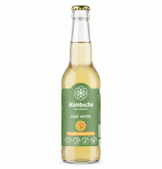 Ceai bio fermentat cu probiotice Kombucha, cu CEAI VERDE, cu bionutrienti, enzime si antioxidanti, pentru rezistenta, pentru digestie si antibalonare, 330 ml, iKombucha